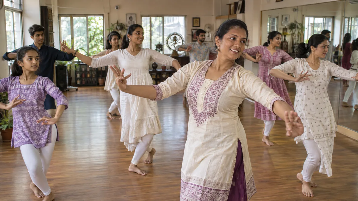 Indian dancers of different ages practising together in a studio