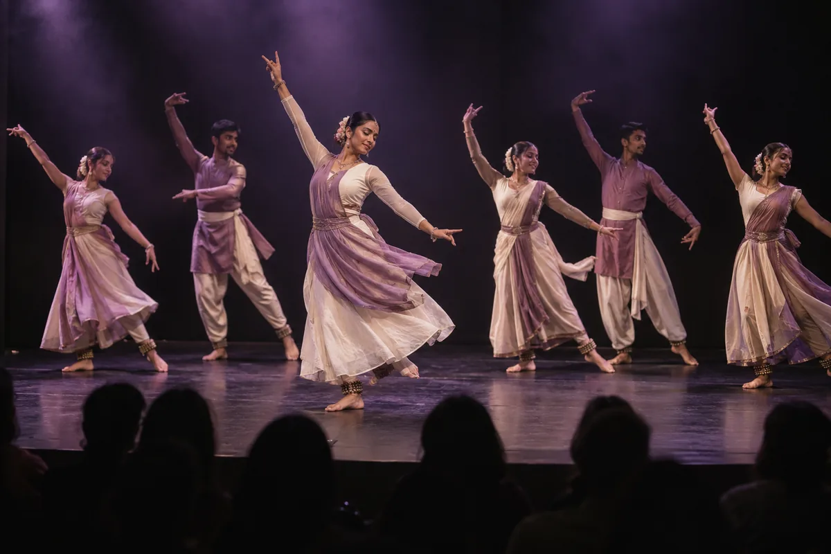 Indian dancers performing together on a small stage