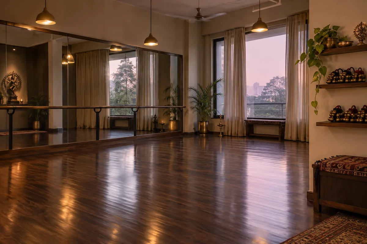Warm Indian dance studio with timber floor, mirrors and ghungroo bells